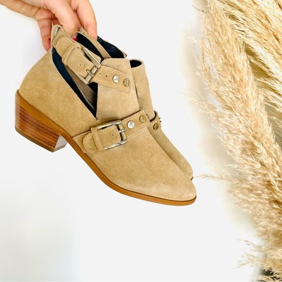 REBECCA MINKOFF Cream Beige Tan Cutout Buckle Stud Suede Ankle Boots Booties 6 - Picture 4 of 13